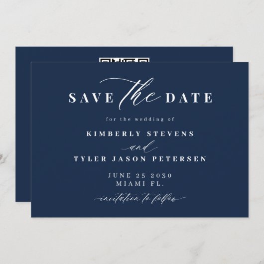Navy white QR code simple elegant wedding Save The Date (Vorne/Hinten)