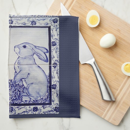 Navy White Rabbit Tile Kitchtuch Dedham Blue Handtuch (Viertel Falte)
