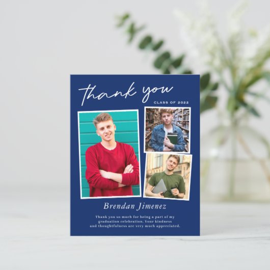 Navy White Script 3 Foto Abschluss Vielen Dank (Stehend Vorderseite)