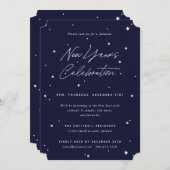Navy+White Script Scatter Stars New Year Party Einladung (Vorne/Hinten)