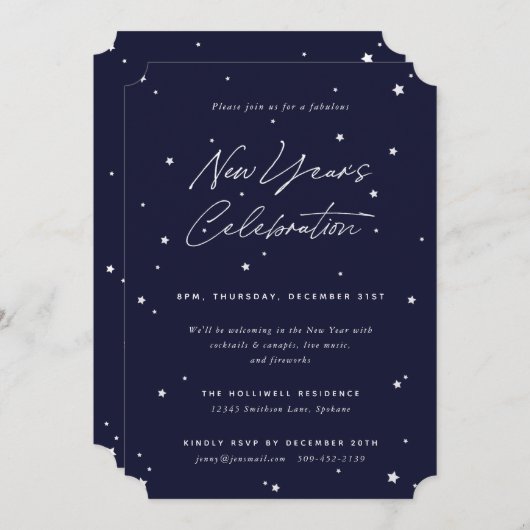 Navy+White Script Scatter Stars New Year Party Einladung (Vorne/Hinten)