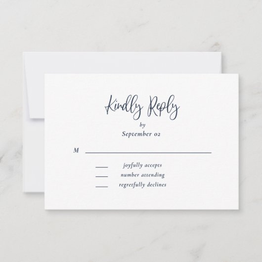 Navy White Script Typografy Floral Wedding RSVP (Vorderseite)