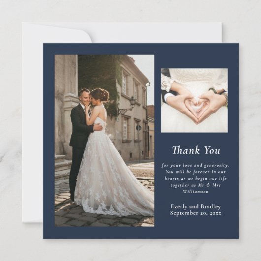 Navy White Simple Foto Wedding Dankeschön Card Einladung (Vorderseite)