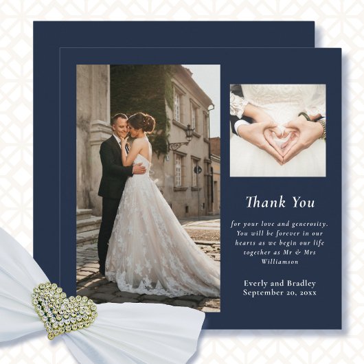 Navy White Simple Foto Wedding Dankeschön Card Einladung