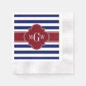 Navy White Strip Burgundy Quatrefolie 3 Monogramm Serviette (Vorderseite)