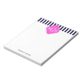 Navy White Strip Hot Pink Quatrefolie 3 Monogramm Notizblock (Rotiert)