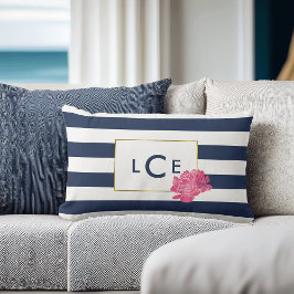 Navy & White Strip mit rosa Peony | Monogramm Lendenkissen