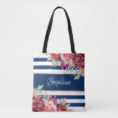 Navy White Strip Modernes, florales Personalisiert Tasche (Vorderseite)