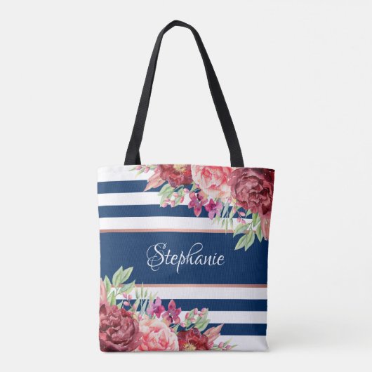 Navy White Strip Modernes, florales Personalisiert Tasche (Rückseite)