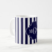 Navy White Strip Navy Blue Quatrefolie 3 Monogramm Kaffeetasse (Vorderseite Links)