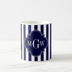 Navy White Strip Navy Blue Quatrefolie 3 Monogramm Kaffeetasse
