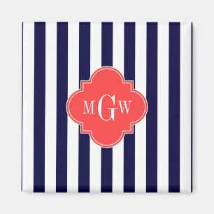 Navy White Stripe Coral Red Quatrefoil 3 Monogram Magnet
