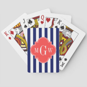 Navy White Stripe Coral Red Quatrefoil 3 Monogram Spielkarten
