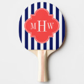 Navy White Stripe Coral Red Quatrefoil 3 Monogram Tischtennis Schläger (Vorderseite)