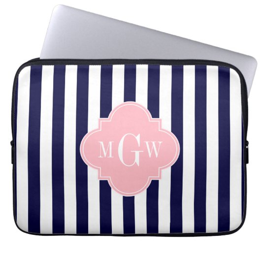 Navy White Stripe Pink Quatrefoil 3 Laptopschutzhülle (Vorderseite)