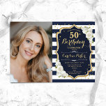 Navy White Stripes Gold Foto 50. Geburtstag Einladung<br><div class="desc">Elegante florale feminine 50. Geburtstagseinladung mit Ihrem Foto. Glam Marineblau weiß rosa Design mit Imitaten Glitzer Gold. Features marineblaue und weiße Streifen, Rose, Skript-Schriftart und Konfetti. Ideal für ein stilvolles Party für Erwachsene. Personalisieren Sie Ihre persönlichen Daten. Kann für jedes Alter angepasst werden! Gedruckte Zazzle Einladungen oder Sofortdownload digitalen druckbaren...</div>