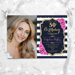 Navy White Stripes Gold Pink Foto 50. Geburtstag Einladung<br><div class="desc">Elegante florale feminine 50. Geburtstagseinladung mit Ihrem Foto. Glam Marineblau weiß rosa Design mit Imitaten Glitzer Gold. Es gibt marineblaue und weiße Streifen, rosa Rosen, Skript-Schriftart und Konfetti. Ideal für ein stilvolles Party für Erwachsene. Personalisieren Sie Ihre persönlichen Daten. Kann für jedes Alter angepasst werden! Gedruckte Zazzle Einladungen oder Sofortdownload...</div>