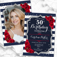 Navy White Stripes Red Silver Foto 50. Geburtstag