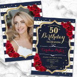 Navy White Stripes Rote Rosen Foto 50. Geburtstag Einladung<br><div class="desc">Elegante florale feminine 50. Geburtstagseinladung mit Ihrem Foto auf der Kartenrückseite. Glam Marineblau-Rot-Design mit Imitaten Glitzer Gold. Features marineblaue und weiße Streifen, rote Rosen, Skript-Schriftart und Konfetti. Ideal für ein stilvolles Party für Erwachsene. Personalisieren Sie Ihre persönlichen Daten. Kann für jedes Alter angepasst werden! Gedruckte Zazzle Einladungen oder Sofortdownload digitalen...</div>