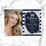 Navy White Stripes Silver Foto 50. Geburtstag Einladung<br><div class="desc">Elegante florale feminine 50. Geburtstagseinladung mit Ihrem Foto. Glam Marineblau weiß rosa Design mit Imitaten Glitzer Silber. Features marineblaue und weiße Streifen, Rose, Skript-Schriftart und Konfetti. Ideal für ein stilvolles Party für Erwachsene. Personalisieren Sie Ihre persönlichen Daten. Kann für jedes Alter angepasst werden! Gedruckte Zazzle Einladungen oder Sofortdownload digitalen druckbaren...</div>
