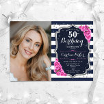 Navy White Stripes Silver Pink Foto 50. Geburtstag Einladung<br><div class="desc">Elegante weibliche 50. Geburtstagseinladung mit Ihrem Foto. Glam Marineblau weiß rosa Design mit Imitaten Glitzer Silber. Es gibt marineblaue und weiße Streifen, rosa Rosen, Skript-Schriftart und Konfetti. Ideal für ein stilvolles Party für Erwachsene. Personalisieren Sie Ihre persönlichen Daten. Kann für jedes Alter angepasst werden! Gedruckte Zazzle Einladungen oder Sofortdownload digitalen...</div>