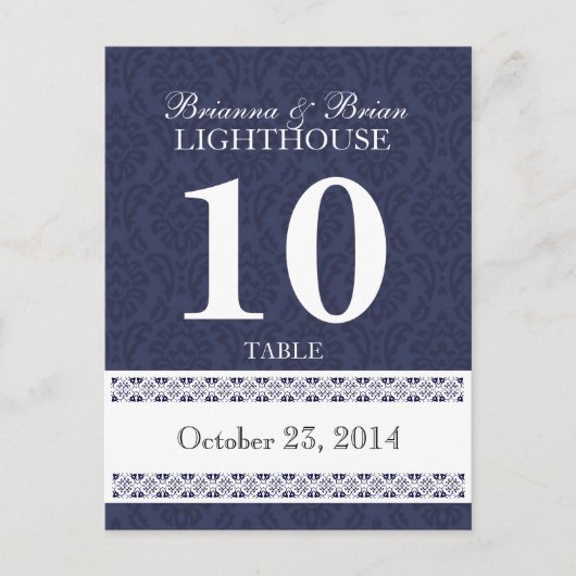 Navy & White Wedding Tischnummer Card Empfang (Vorderseite)