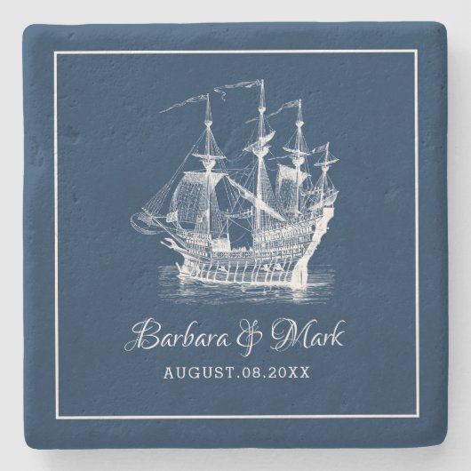 Navy & White Wind Segelboot Steinuntersetzer (Vorderseite)