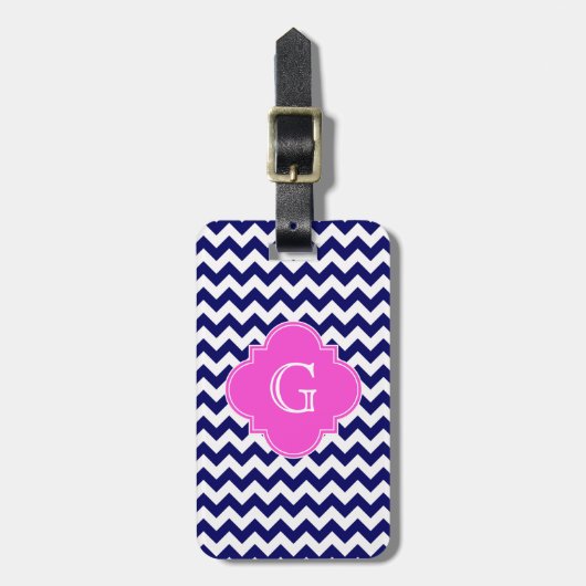 Navy White Zickzack Hot Pink Quatrefoil Monogramm Gepäckanhänger (Vorderseite vertikal)