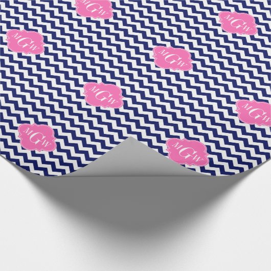 Navy White Zickzack Hot Pink Quatrefolie 3 Monogra Geschenkpapier (Ecke)