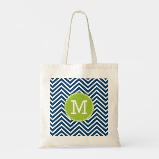 Navy White Zickzack Pattern mit Green Monogram Tragetasche (Rückseite)