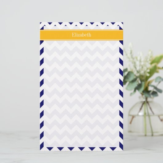 Navy White Zickzack ZigZag Goldenrod Name Monogram Briefpapier (Stehend Vorderseite)