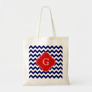 Navy White Zickzack ZigZag Red Quatrefoil Monogram Tragetasche