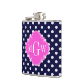 Navy WhPolka Dot Hot Pink Quatrefolie 3 Monogramm Flachmann (Links)