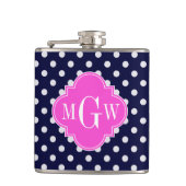 Navy WhPolka Dot Hot Pink Quatrefolie 3 Monogramm Flachmann (Vorderseite)