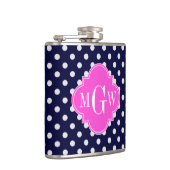 Navy WhPolka Dot Hot Pink Quatrefolie 3 Monogramm Flachmann (Rechts)