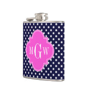 Navy WhPolka Dot Hot Pink Quatrefolie 3 Monogramm Flachmann (Links)