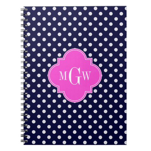 Navy WhPolka Dot Hot Pink Quatrefolie 3 Monogramm Notizblock (Vorderseite)