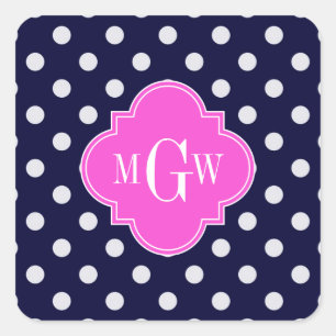 Navy WhPolka Dot Hot Pink Quatrefolie 3 Monogramm Quadratischer Aufkleber