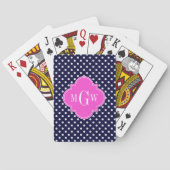 Navy WhPolka Dot Hot Pink Quatrefolie 3 Monogramm Spielkarten (Rückseite)