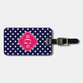 Navy WhPolka Dot Raspberry Quatrefolie 3 Monogramm Gepäckanhänger (Vorderseite horizontal)