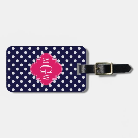 Navy WhPolka Dot Raspberry Quatrefolie 3 Monogramm Gepäckanhänger (Vorderseite horizontal)