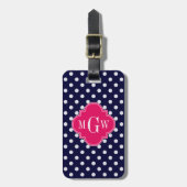 Navy WhPolka Dot Raspberry Quatrefolie 3 Monogramm Gepäckanhänger (Vorderseite vertikal)