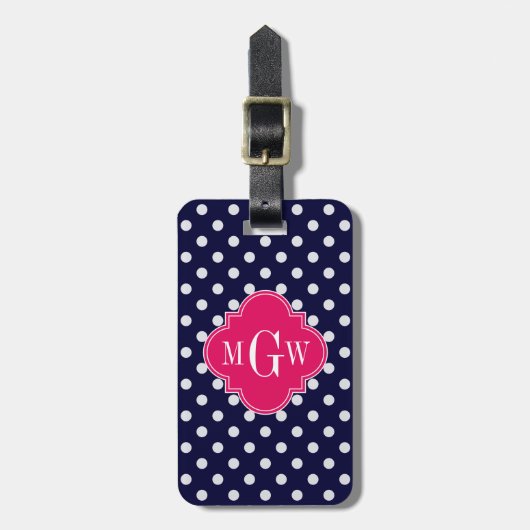 Navy WhPolka Dot Raspberry Quatrefolie 3 Monogramm Gepäckanhänger (Vorderseite vertikal)