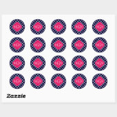 Navy WhPolka Dot Raspberry Quatrefolie 3 Monogramm Runder Aufkleber (Blatt)