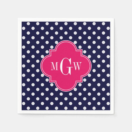 Navy WhPolka Dot Raspberry Quatrefolie 3 Monogramm Serviette (Vorderseite)