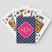 Navy WhPolka Dot Raspberry Quatrefolie 3 Monogramm Spielkarten (Rückseite)