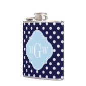 Navy WhPolka Dots Lt Blue Quatrefolie 3 Monogramm Flachmann (Links)