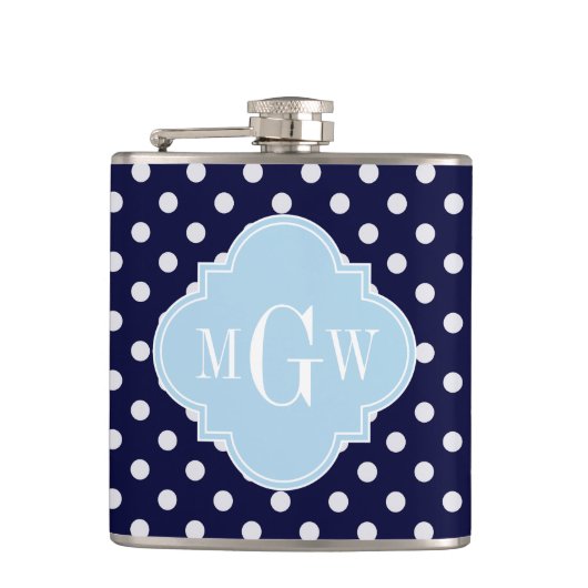 Navy WhPolka Dots Lt Blue Quatrefolie 3 Monogramm Flachmann (Vorderseite)