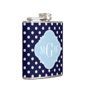 Navy WhPolka Dots Lt Blue Quatrefolie 3 Monogramm Flachmann (Rechts)