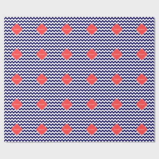 Navy WhZickzack Zigzag Coral Quatrefoil Monogramm Geschenkpapier (Flach)